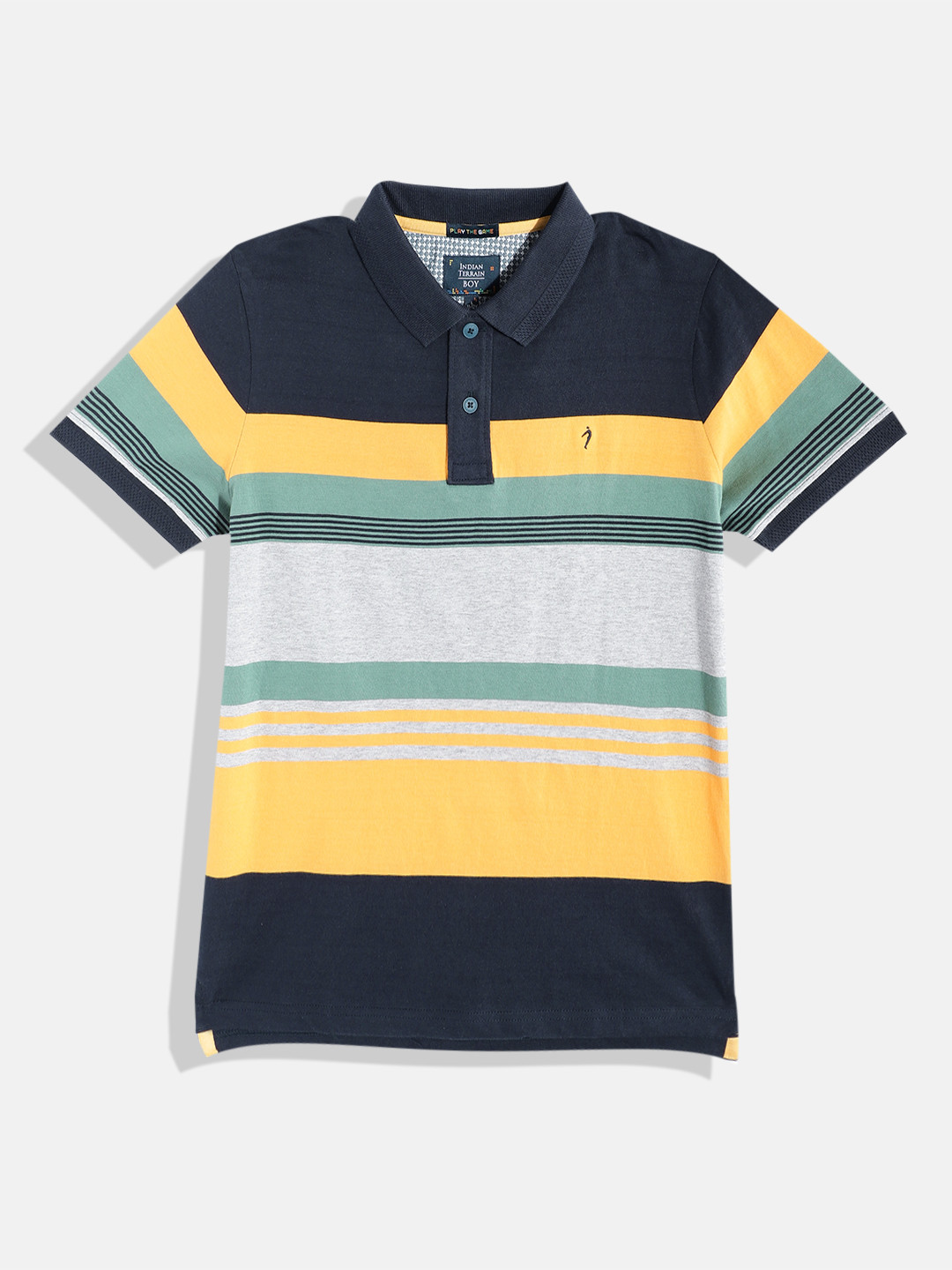 

Indian Terrain Boys Pure Cotton Striped Polo Collar T-shirt, Navy blue