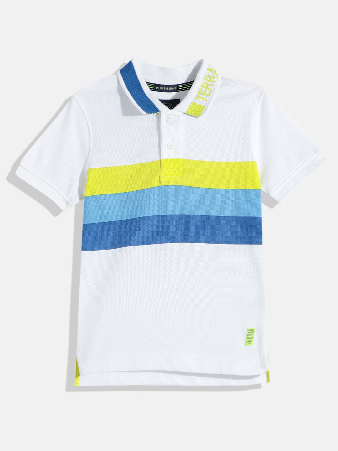 

Indian Terrain Boys Striped Polo Collar Pure Cotton T-shirt, White