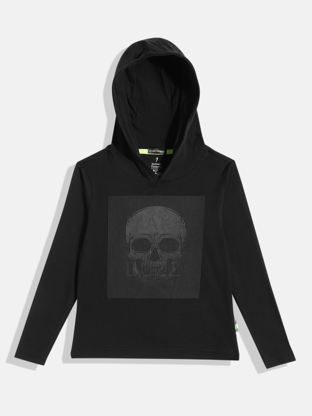 

Indian Terrain Boys Printed Hooded Pure Cotton T-shirt, Black