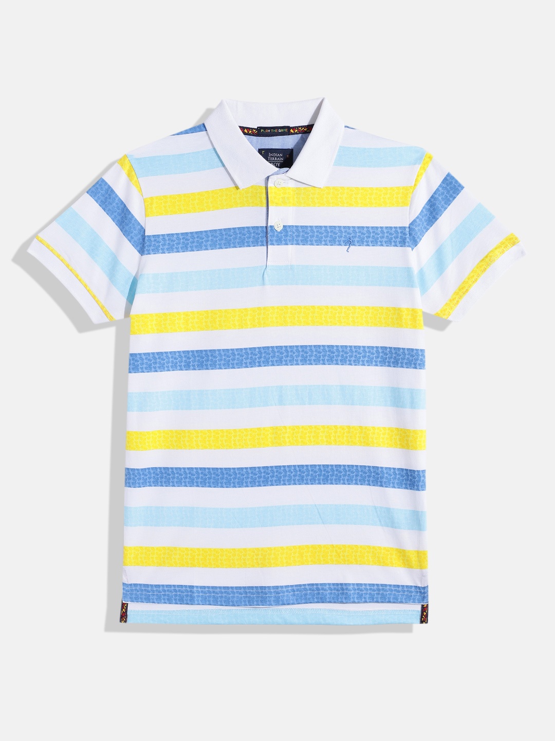 

Indian Terrain Boys Striped Polo Collar Pure Cotton T-shirt, White