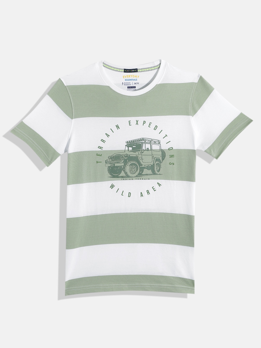 

Indian Terrain Boys Striped Pure Cotton T-shirt, Green