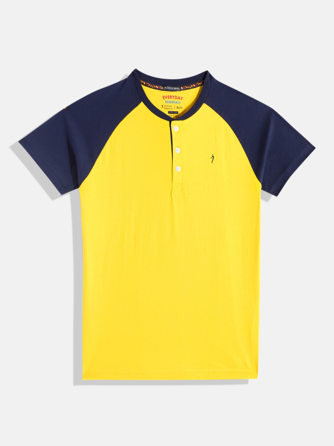 

Indian Terrain Boys Colourblocked Henley Neck Pure Cotton T-shirt with Raglan Sleeves, Yellow