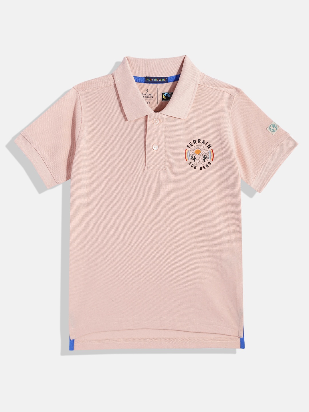 

Indian Terrain Boys Minimal Typography Printed Polo Collar Pure Cotton T-shirt, Pink