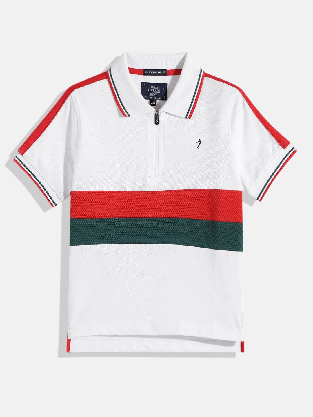 

Indian Terrain Boys Striped Polo Collar Pure Cotton T-shirt, White