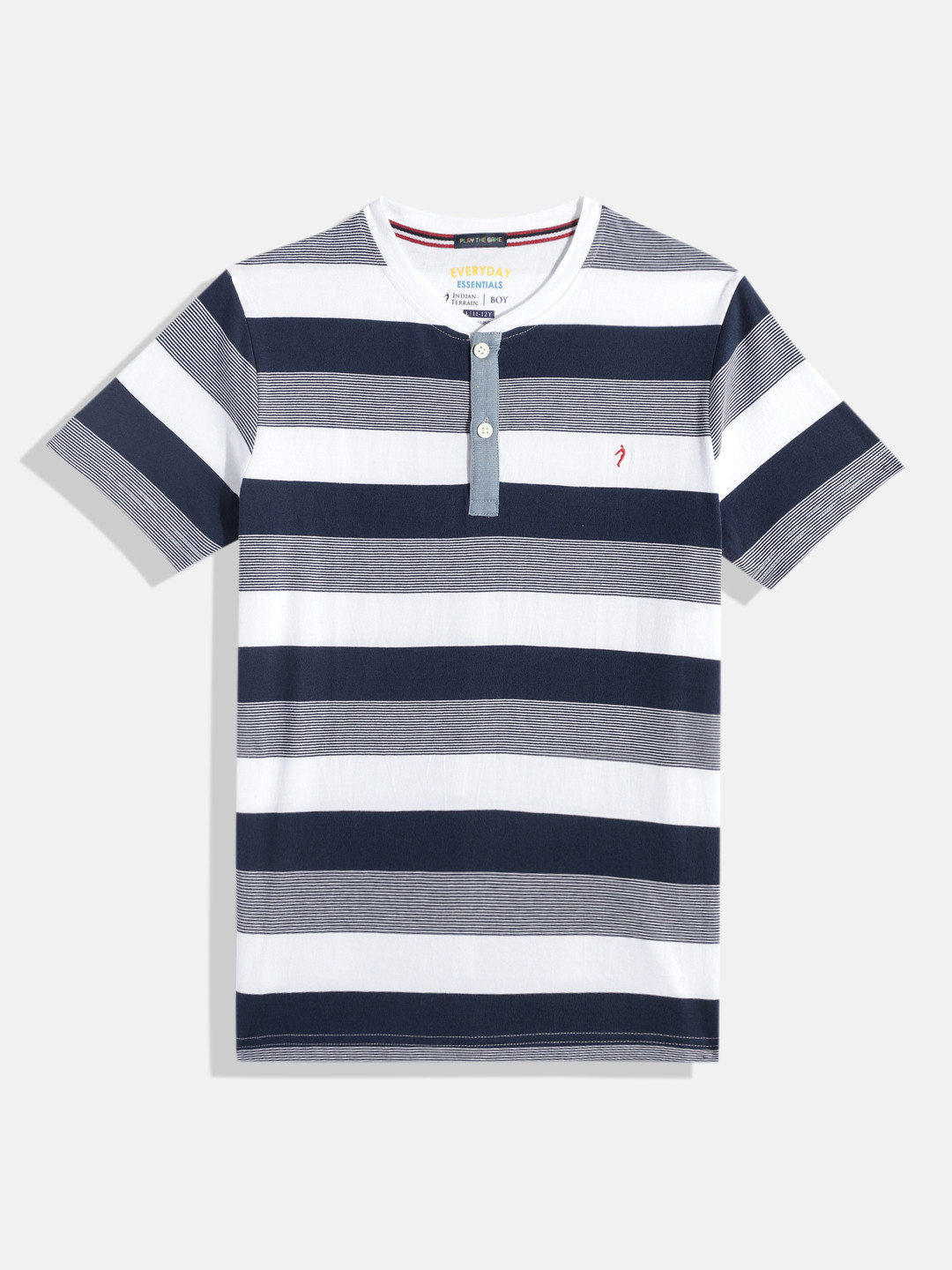 

Indian Terrain Boys Striped Pure Cotton Henley Neck T-shirt, Blue