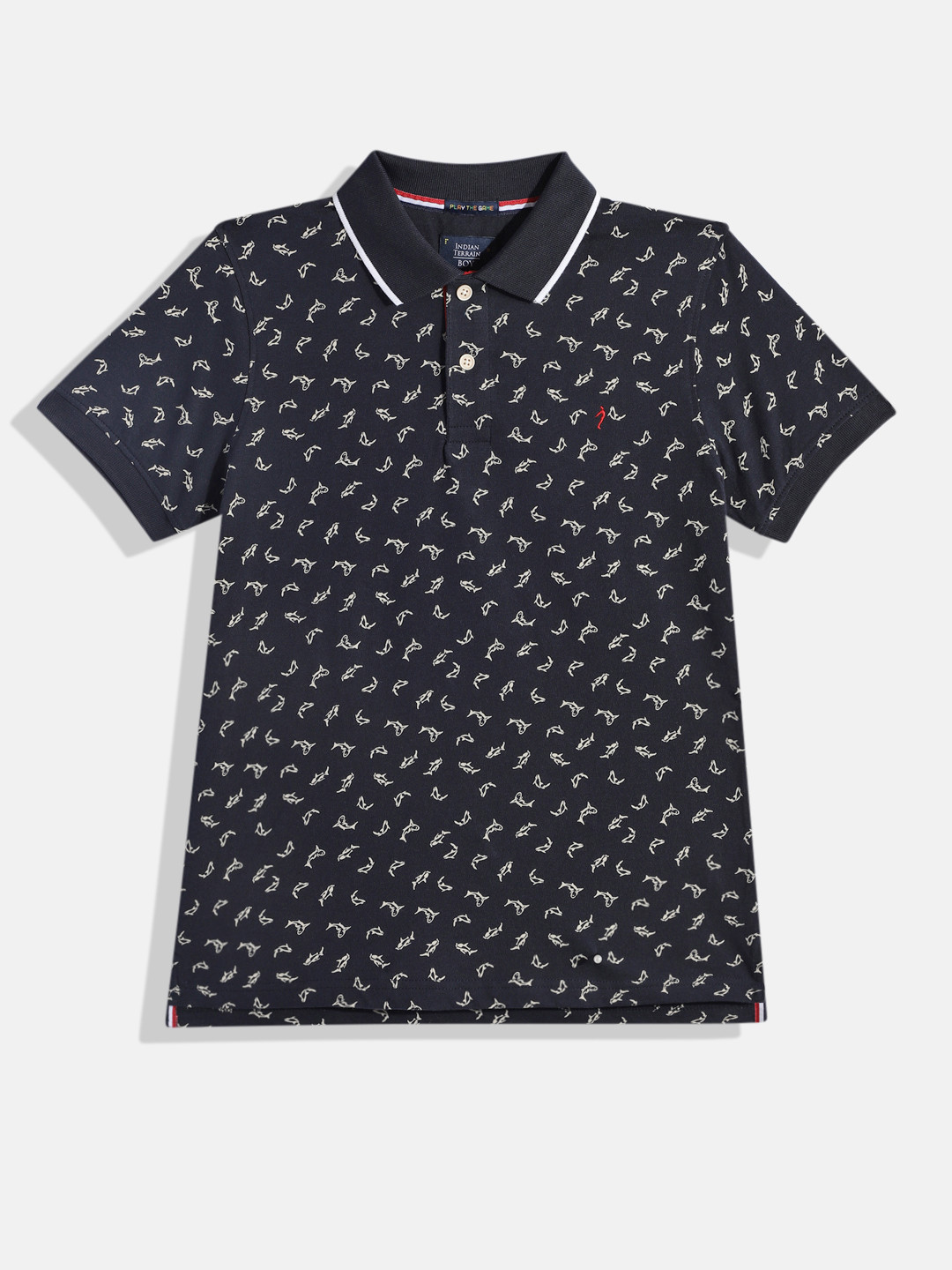 

Indian Terrain Boys Conversational Printed Polo Collar Pure Cotton T-shirt, Navy blue