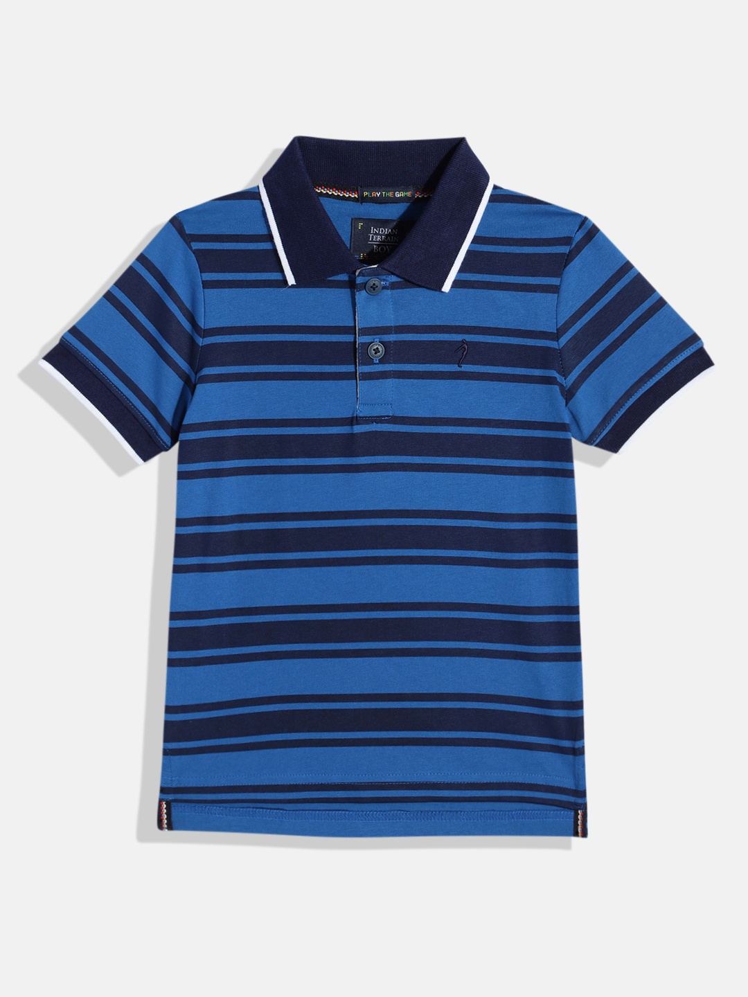 

Indian Terrain Boys Striped Polo Collar Pure Cotton T-shirt, Navy blue