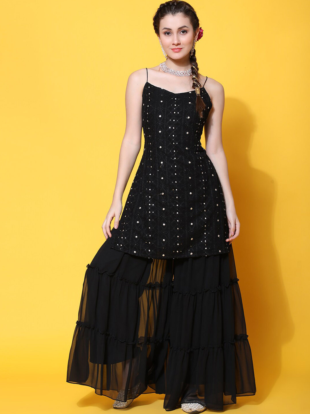 

KALINI Ethnic Motifs Embroidered Sequinned Kurta With Sharara & Dupatta, Black