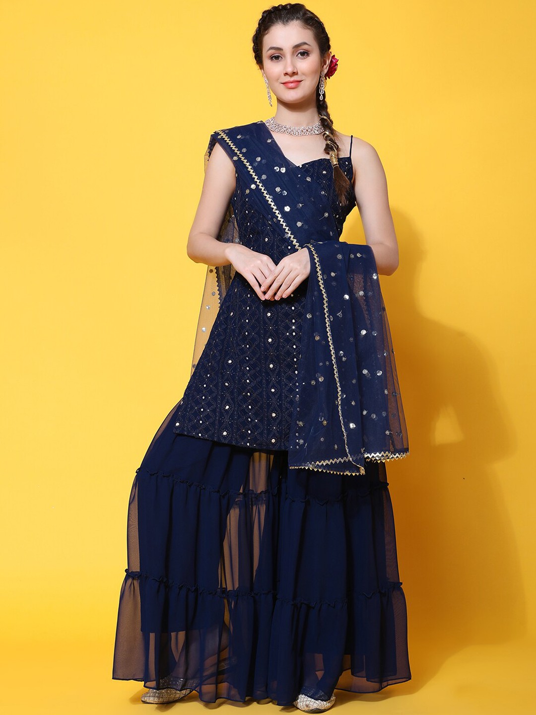 

KALINI Ethnic Motifs Embroidered Sequinned Kurta With Sharara & Dupatta, Navy blue