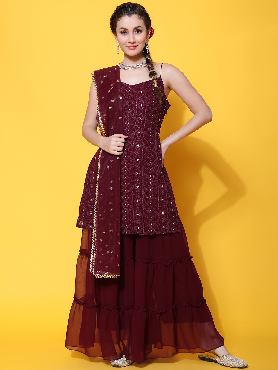 

KALINI Embroidered Regular Sequinned Kurta with Sharara & With Dupatta, Maroon