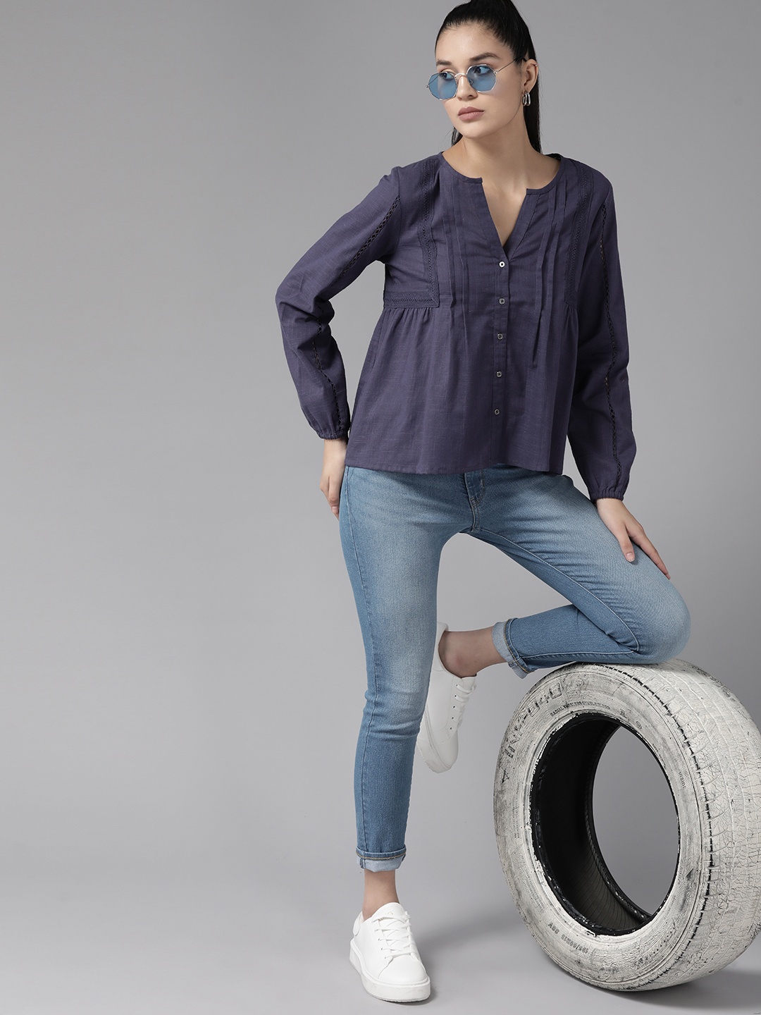 

Roadster Puff Sleeves Pure Cotton Top With Lace Inserts, Navy blue