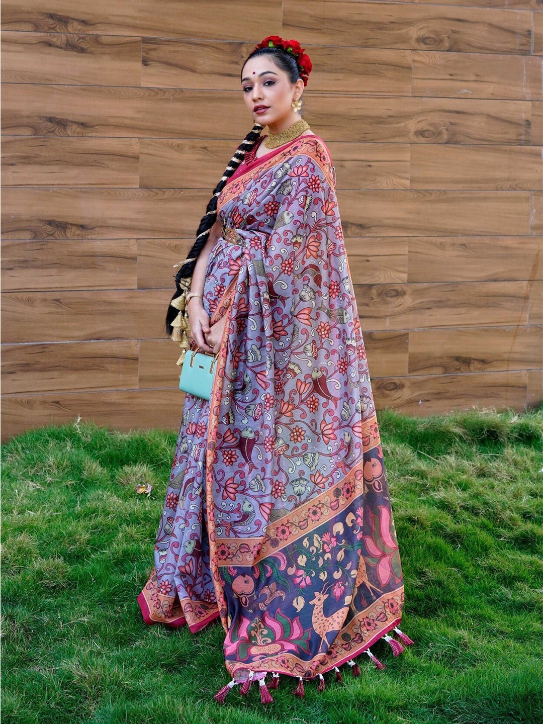 

Mitera Purple & Red Kalamkari Printed Saree