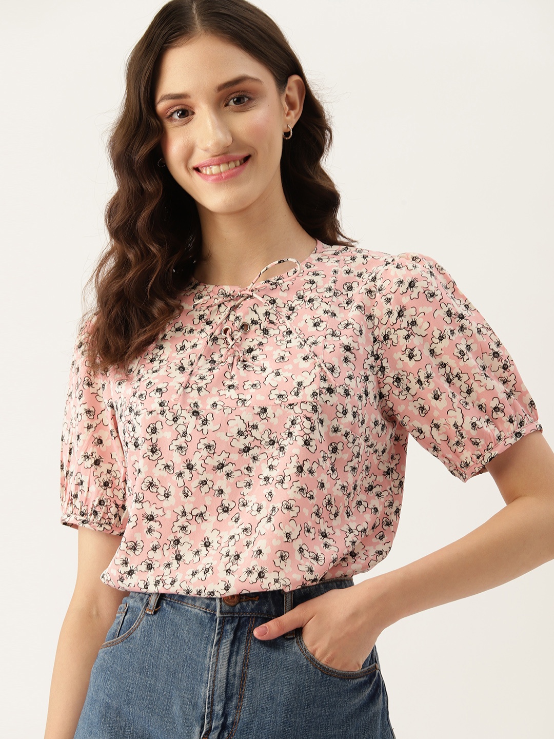 

DressBerry Floral Print Tie-Up Neck Puff Sleeve Top, Pink
