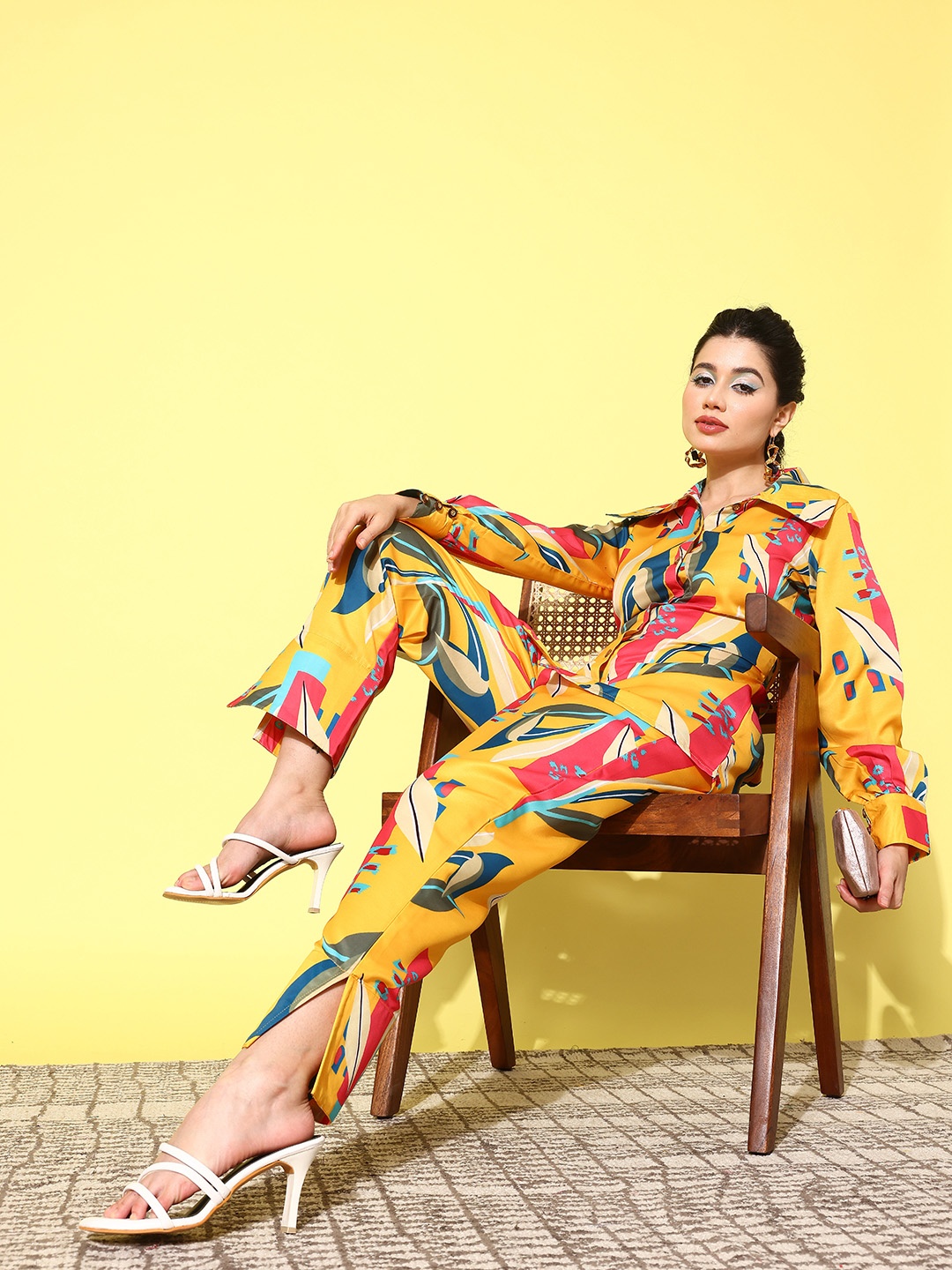 

Yufta Women Printed Satin Shirt with Trousers, Yellow