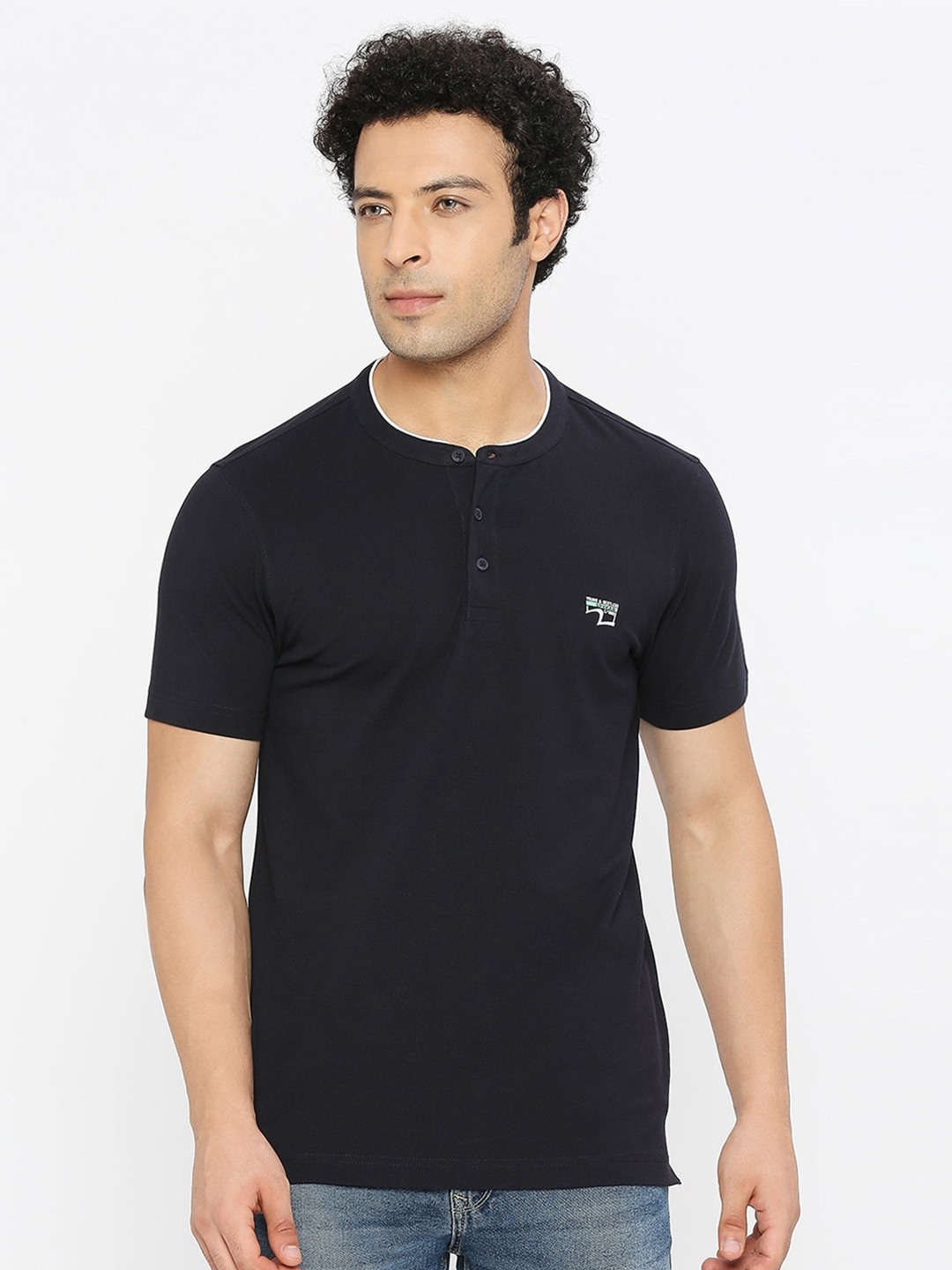 

SPYKAR Henley Neck Short Sleeves Cotton T-shirt, Black