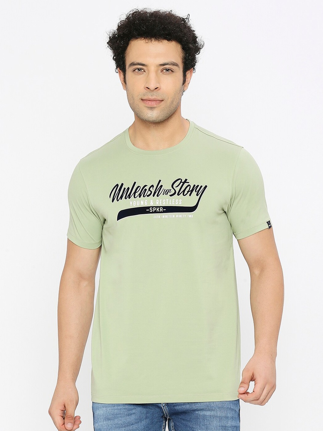 SPYKAR Typography Printed Cotton T-shirt, Green
