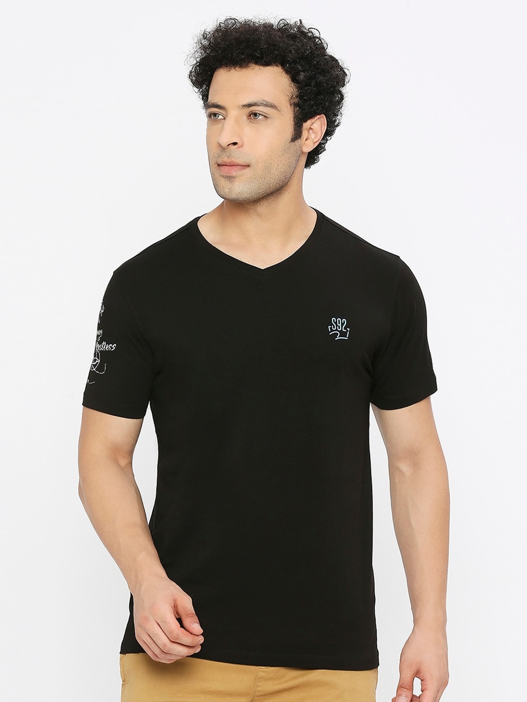 

SPYKAR V-Neck Short Sleeves Cotton Casual T-Shirt, Black