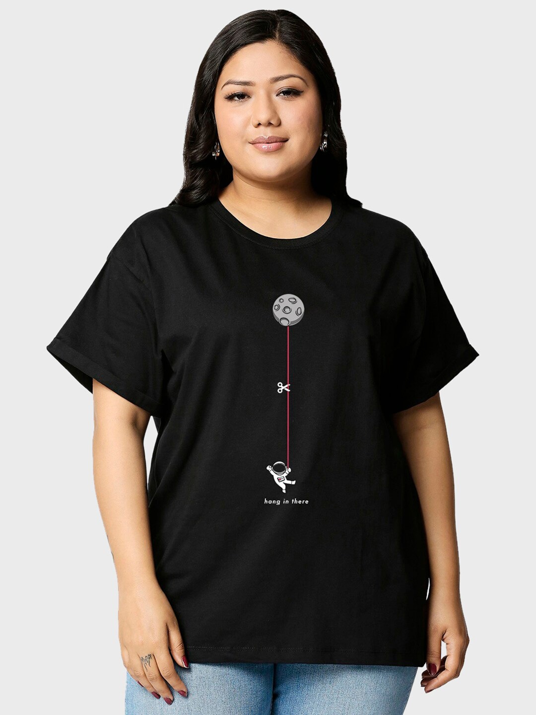

Bewakoof Plus Hangin Astronaut Graphic Printed Boyfriend T-shirt, Black