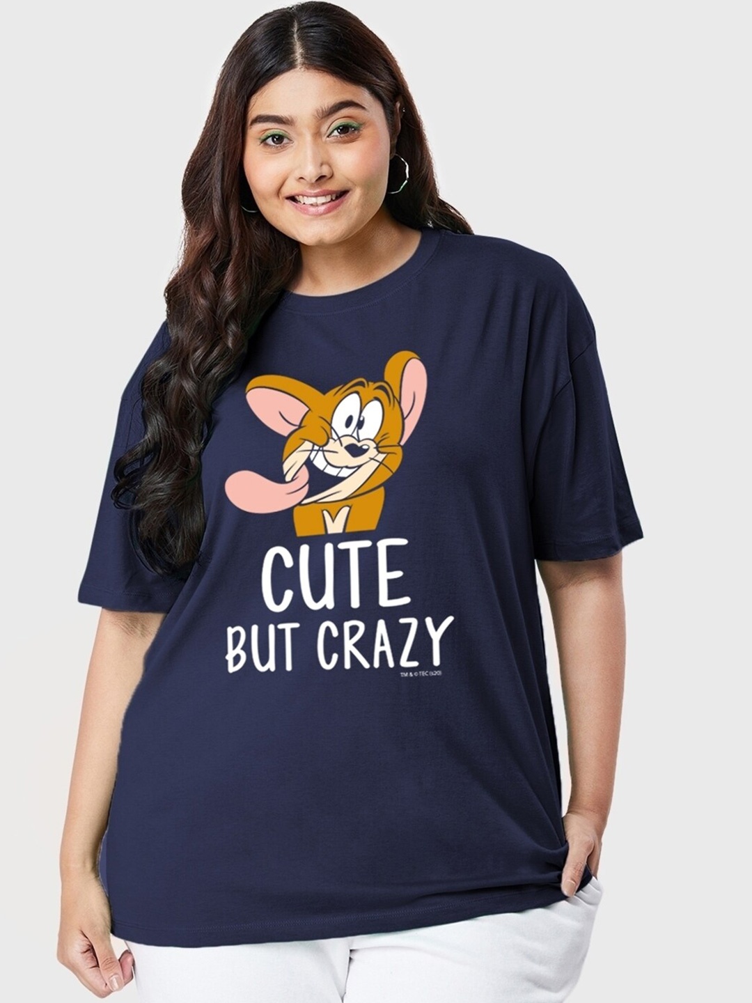 

Bewakoof x Official Tom & Jerry Merchandise Typography Print Oversized Plus Size T-shirt, Navy blue