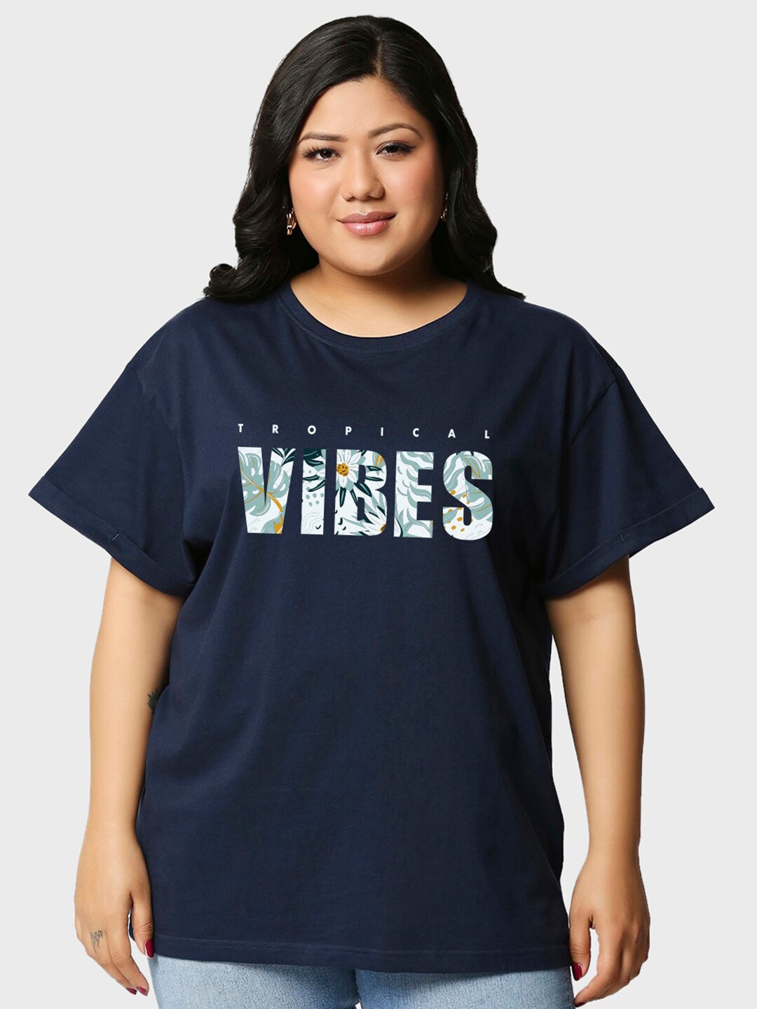 

Bewakoof Tropical Vibes Typography Print Plus Size Boyfriend Fit T-shirt, Navy blue