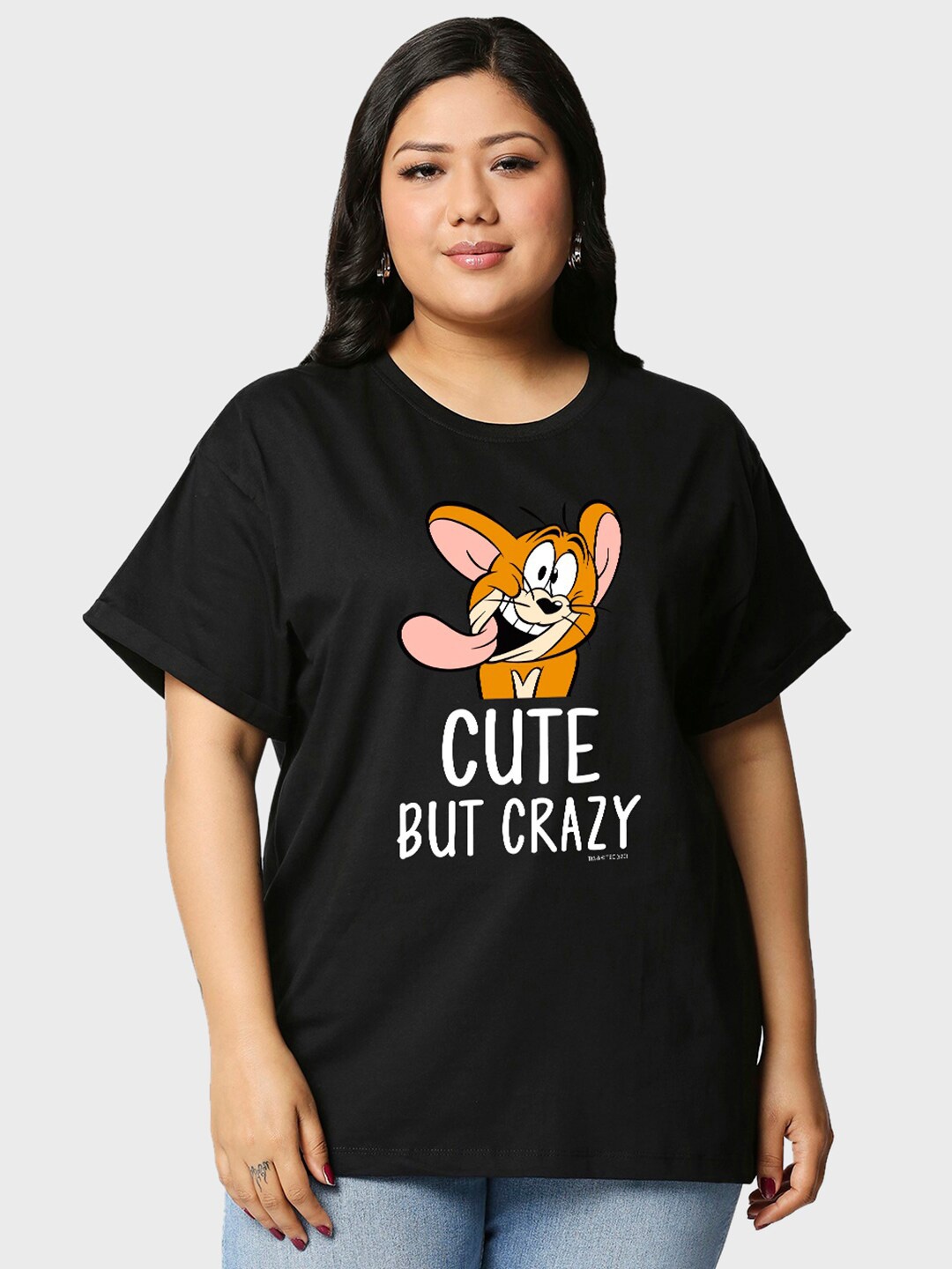 

Bewakoof x OFFICIAL TOM & JERRY MERCHANDISE Cute But Crazy Printed Plus Size T-shirt, Black