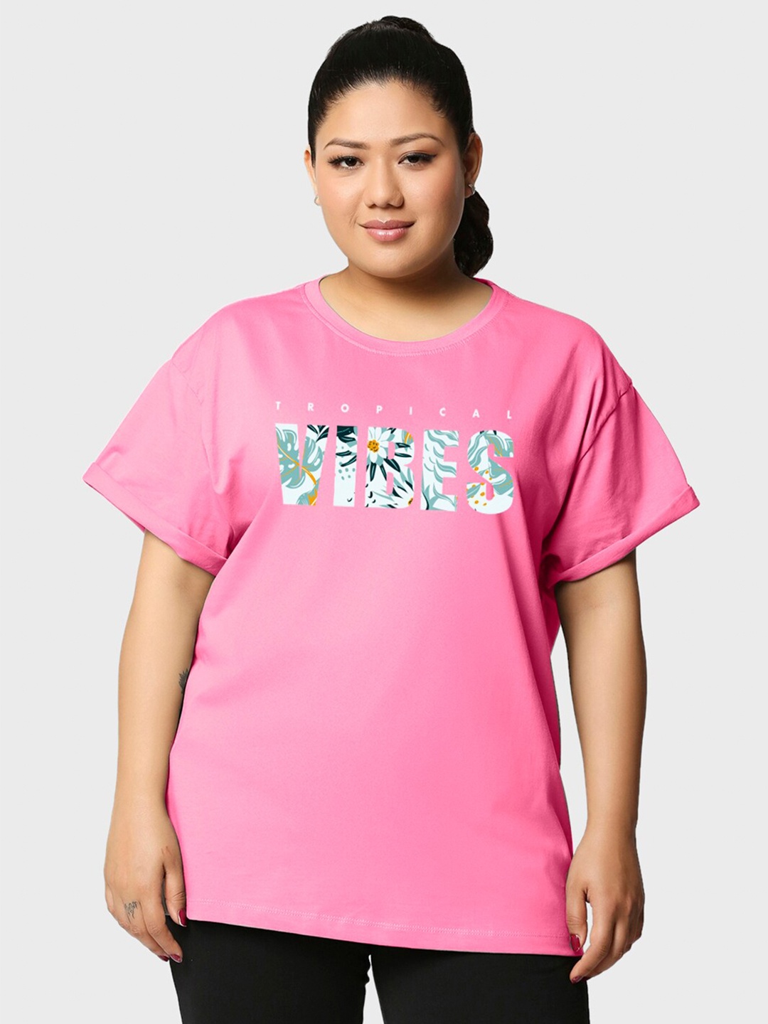 

Bewakoof Plus Pink Typography Printed Drop-Shoulder Sleeves Cotton Loose T-shirt