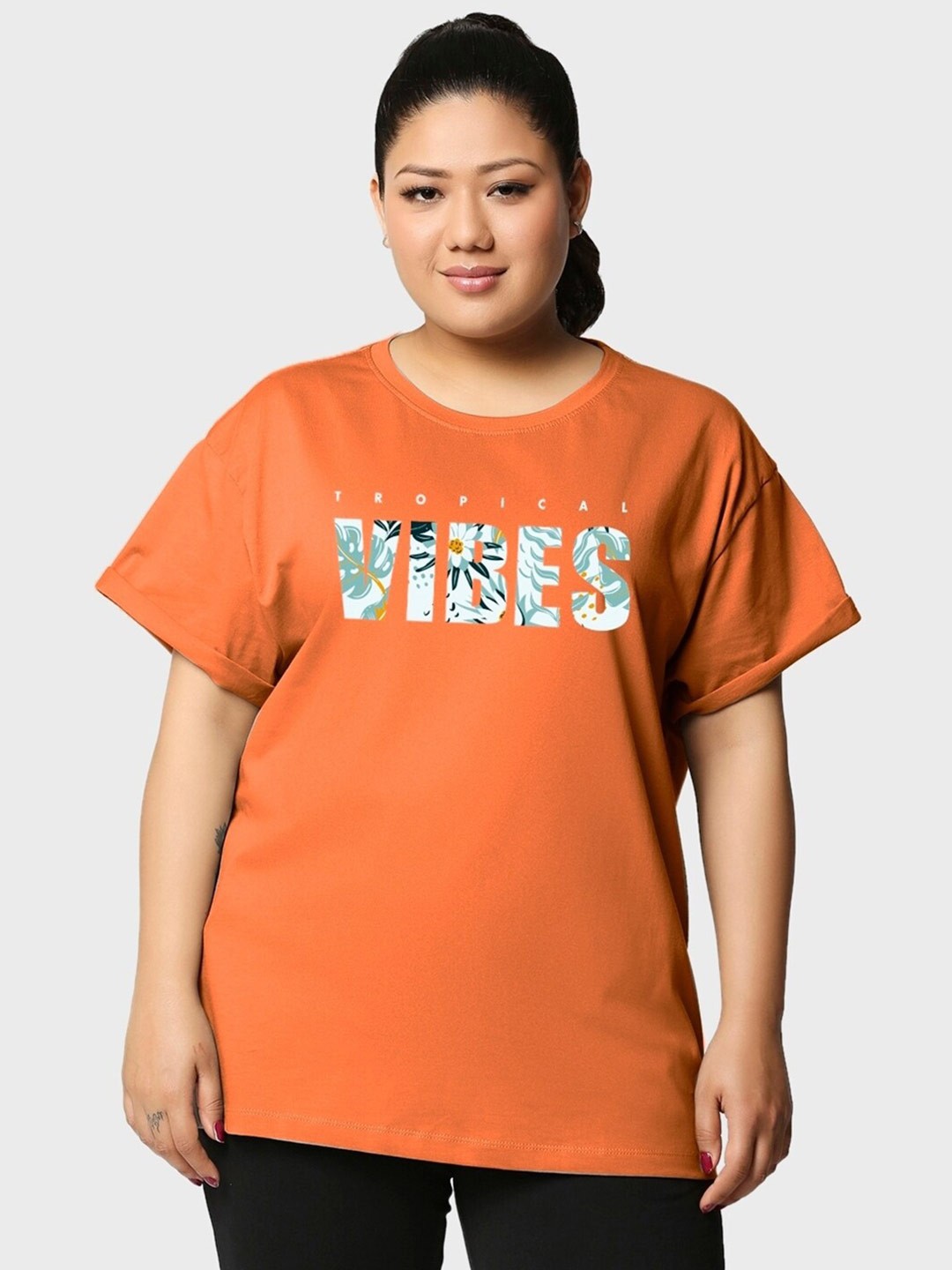 

Bewakoof Plus Orange Coloured Typography Printed Oversized Cotton T-Shirt