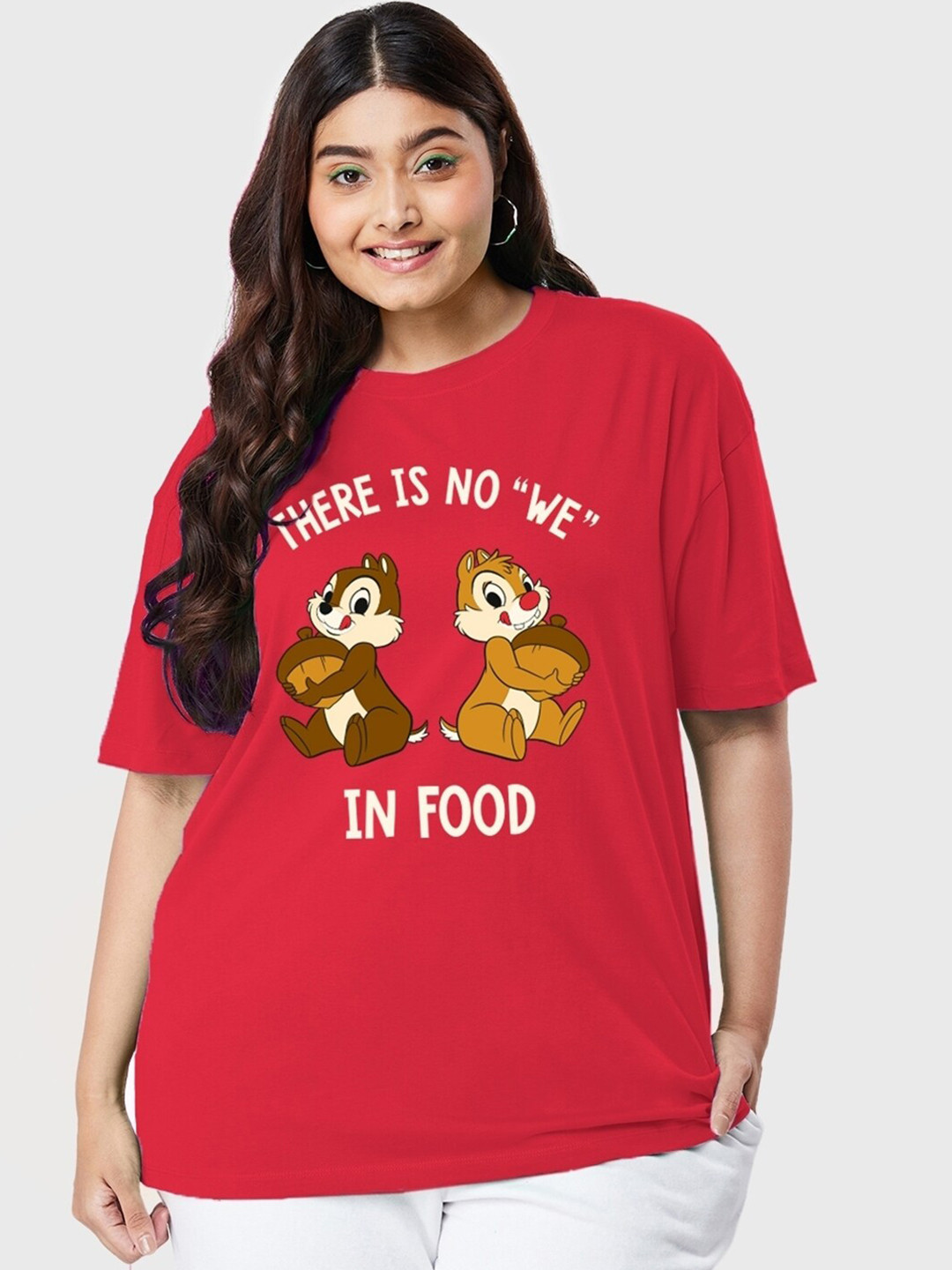 

Bewakoof No We In Food Typography Print Oversized Plus Size T-shirt, Red
