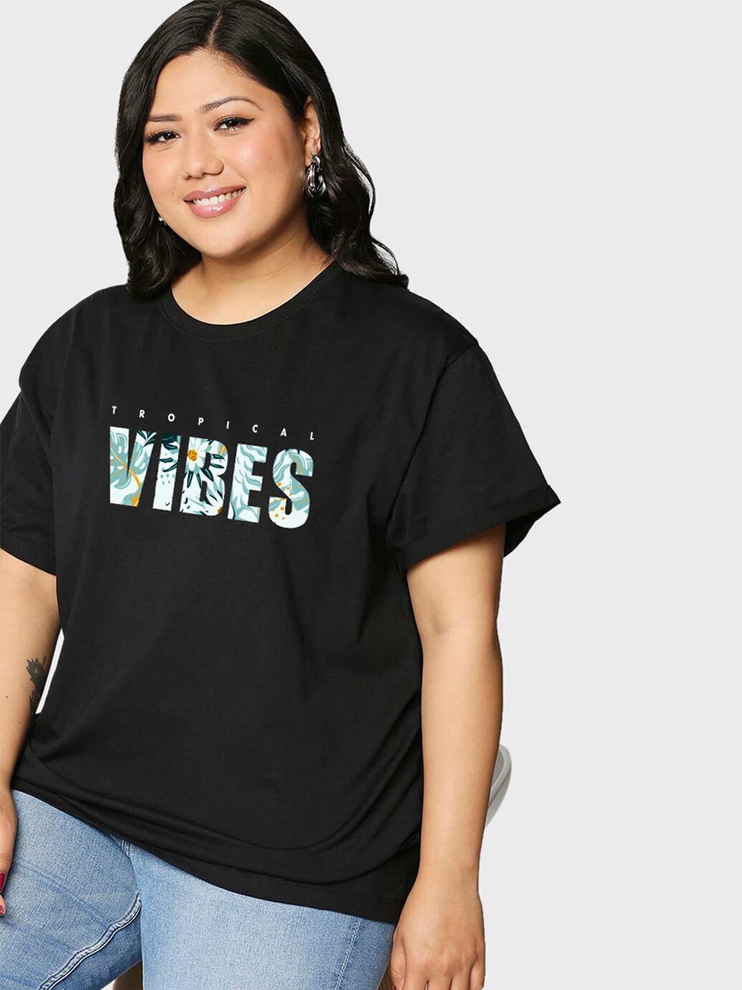 

Bewakoof Tropical Vibes Graphic Printed Plus Size Boyfriend T-shirt, Black