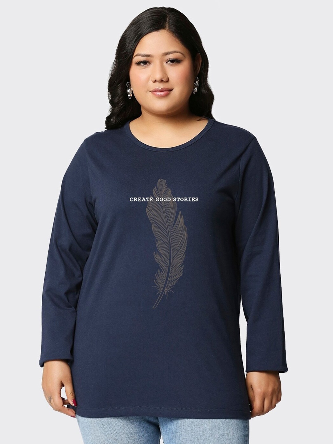 

Bewakoof Create Good Stories Typography Print Plus Size T-shirt, Navy blue