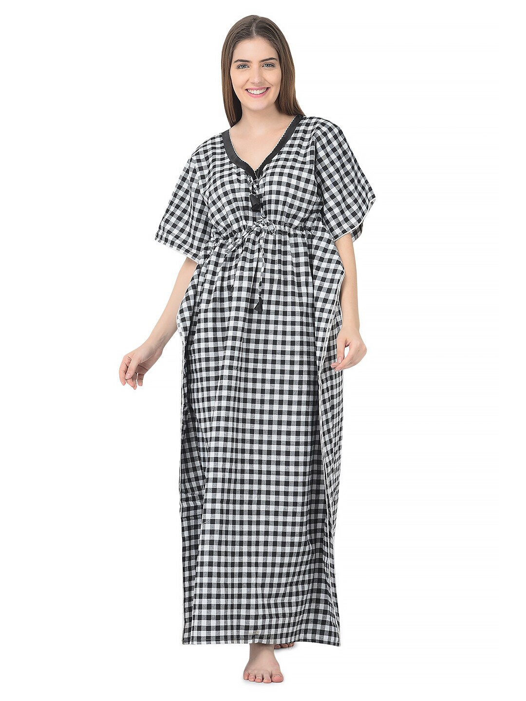 

Noty Checked V-Neck Kaftan Nightdress, Black