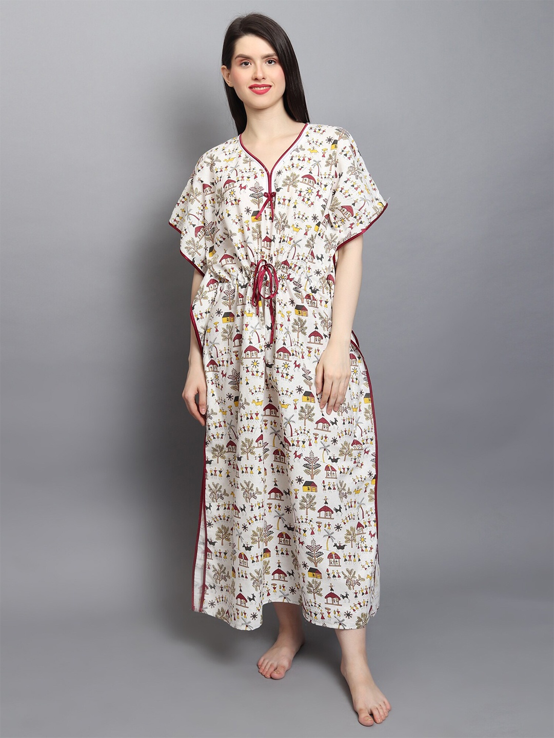 

Noty Conversational Printed V-Neck Kaftan Nightdress, Rust