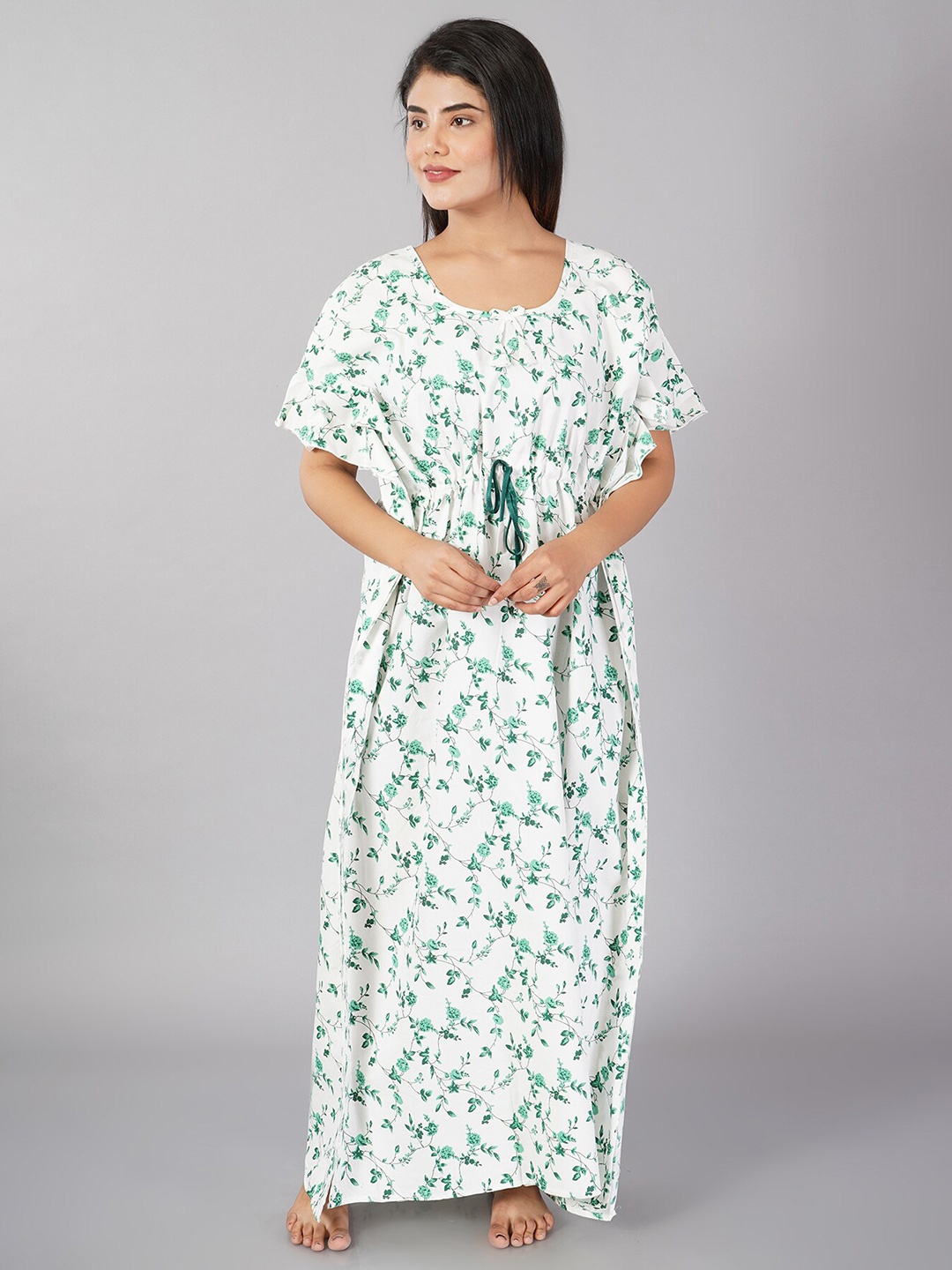 

Noty Printed V-Neck Pure Cotton Kaftan Nightdress, Green
