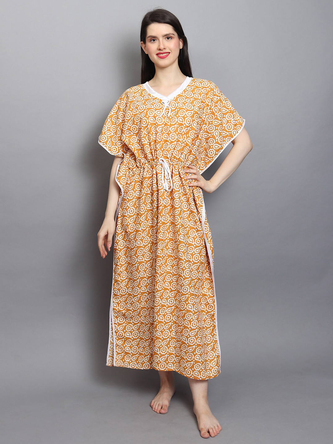 

Noty Abstract Printed V-Neck Kaftan Nightdress, Mustard