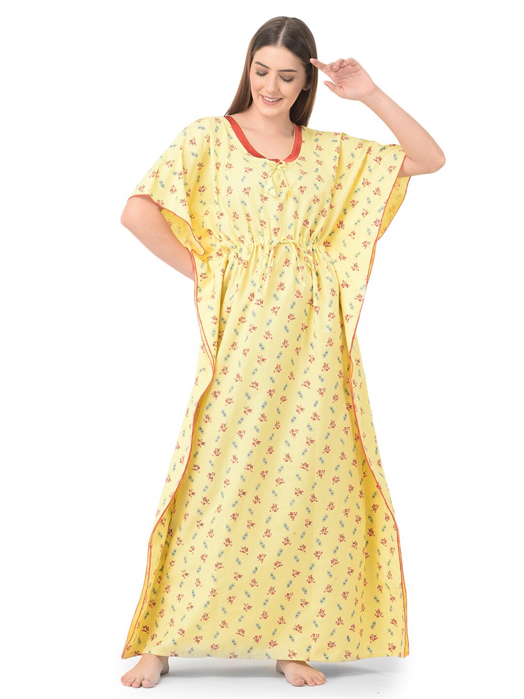 

Noty Printed V-Neck Pure Cotton Kaftan Nightdress, Yellow