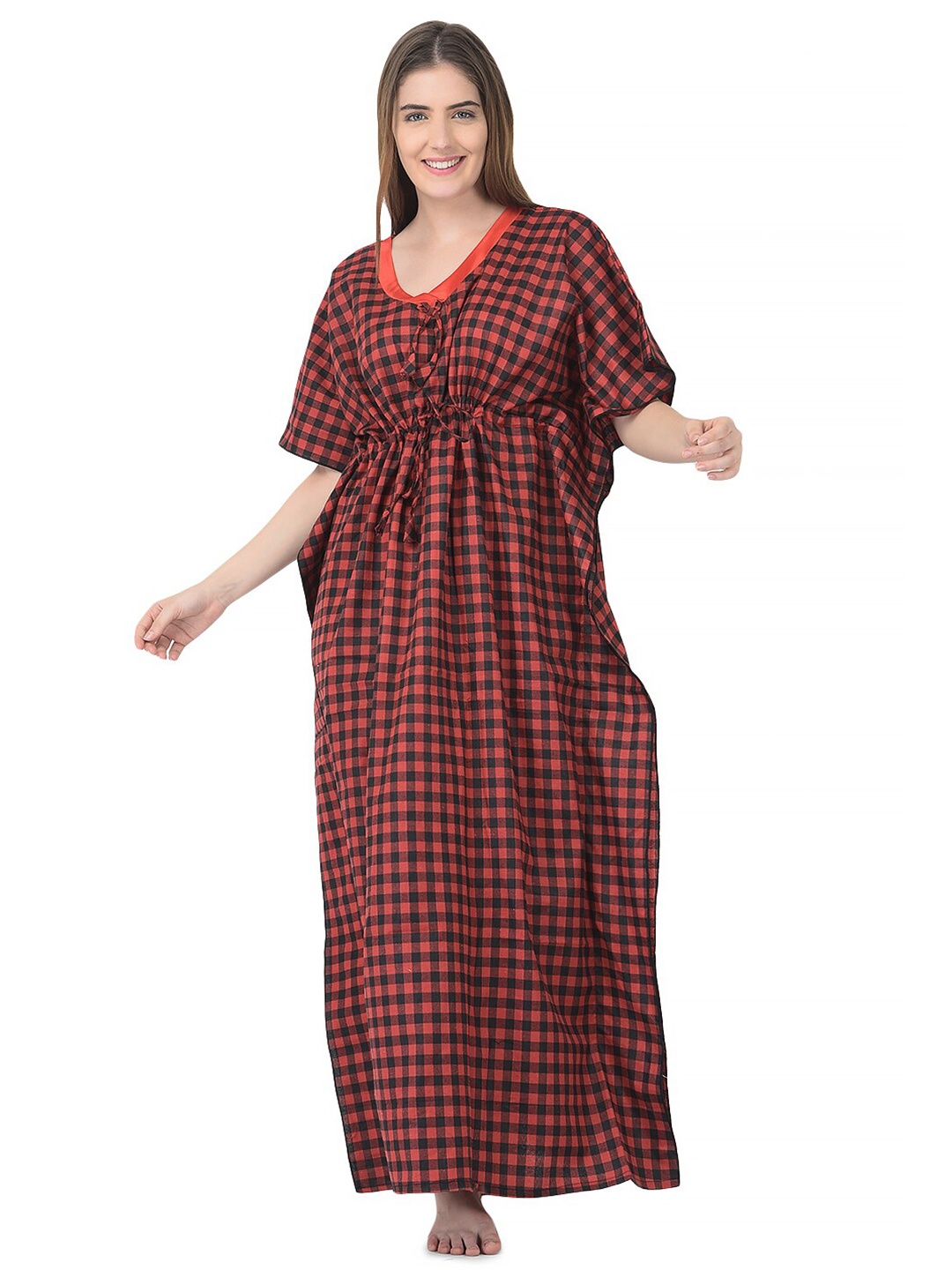 

Noty Checked V-Neck Kaftan Nightdress, Red