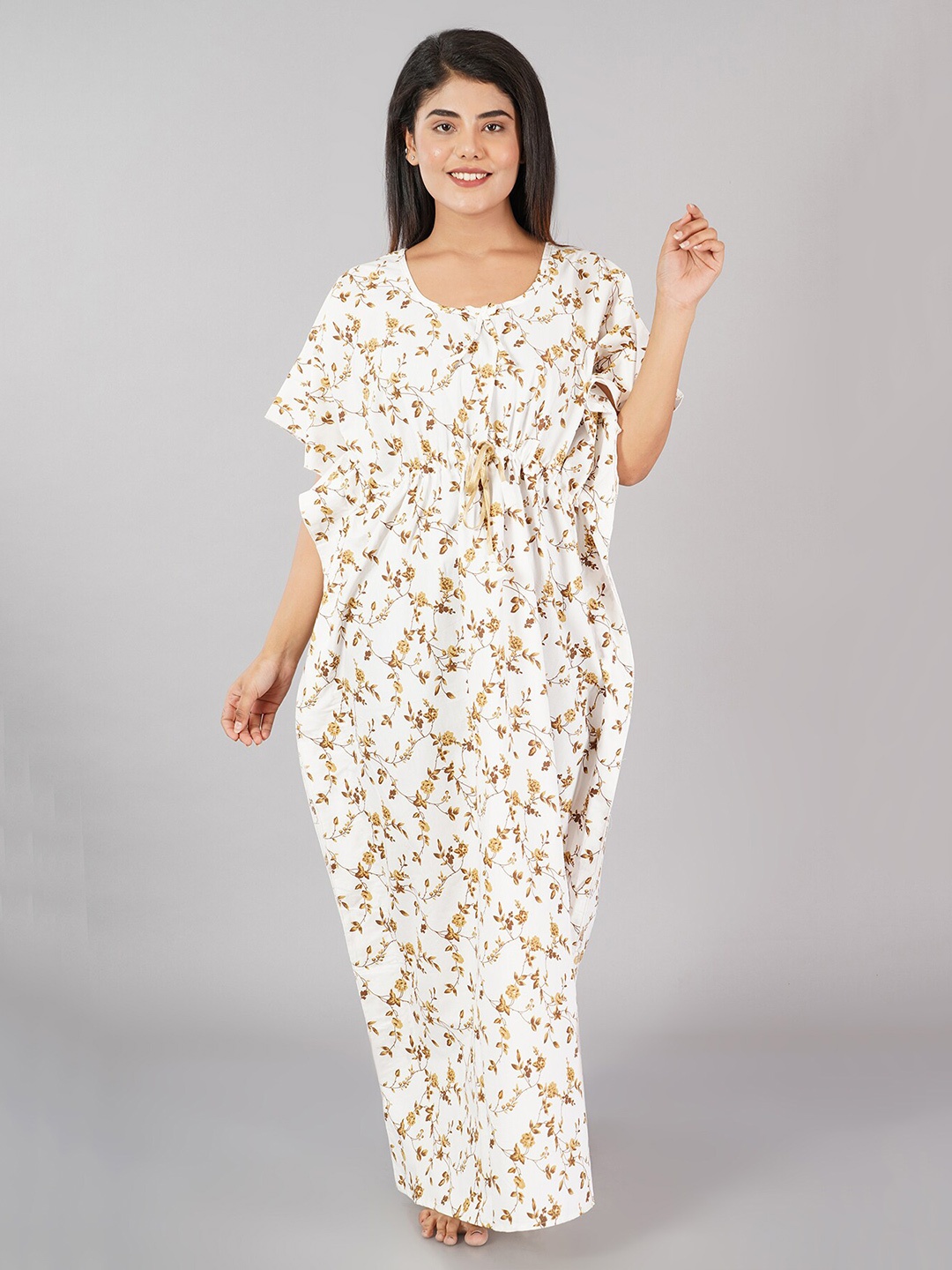

Noty Floral Printed V-Neck Pure Cotton Kaftan Nightdress, Brown