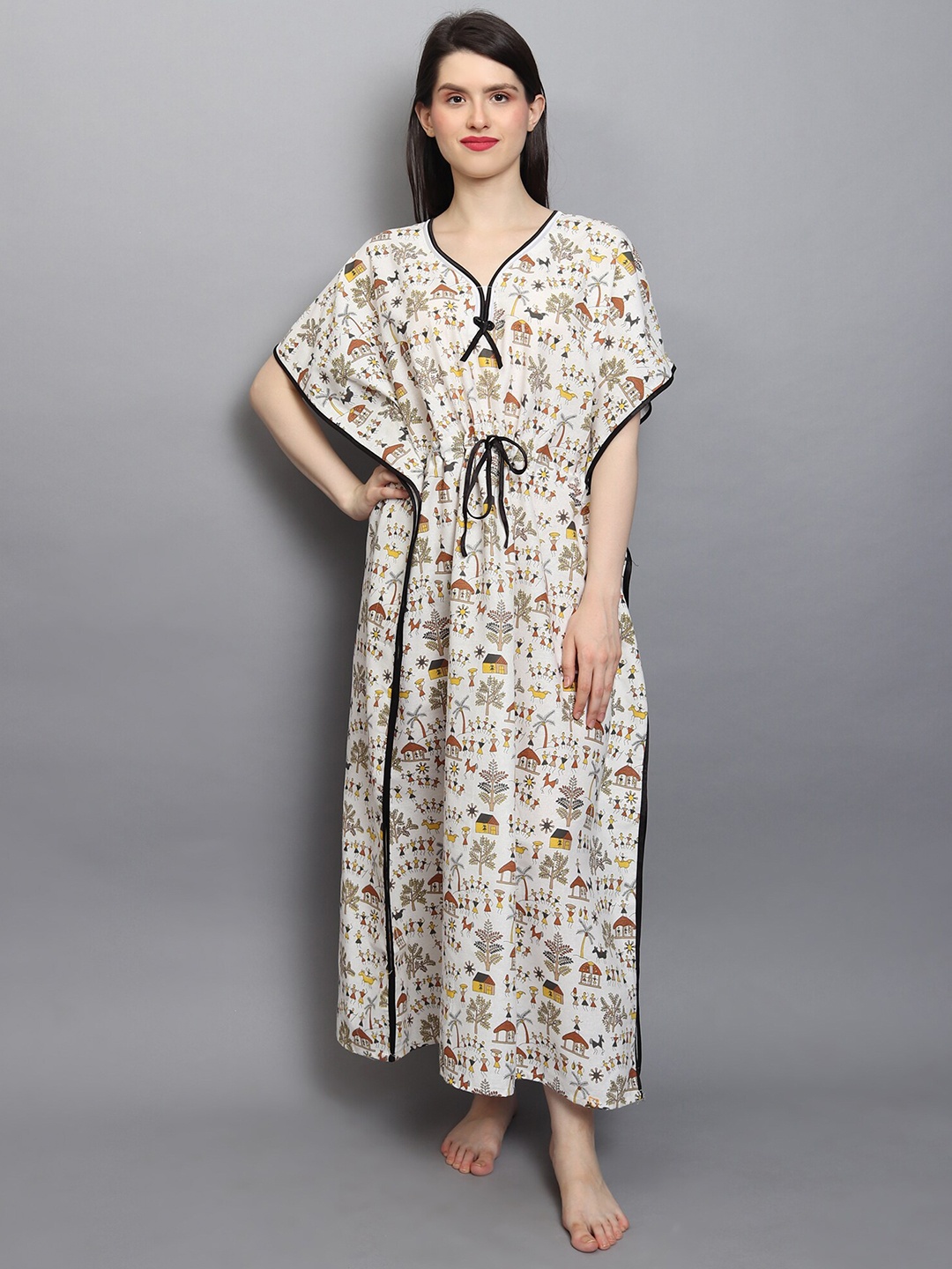 

Noty Conversational Printed V-Neck Kaftan Nightdress, Black