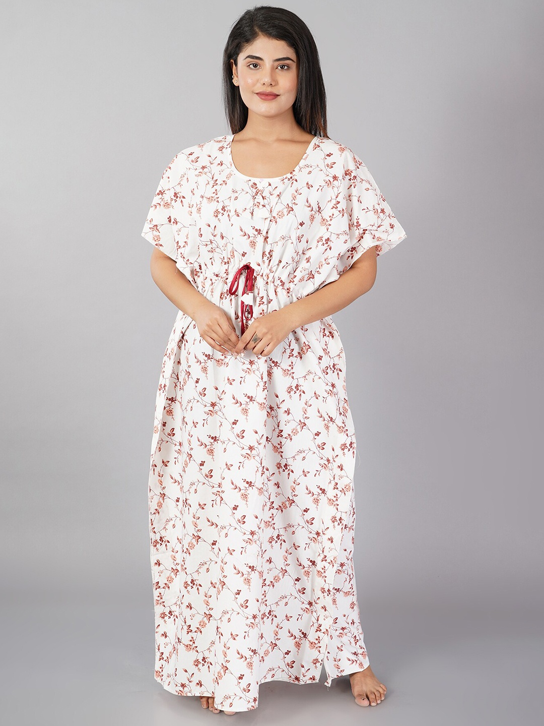 

Noty Printed V-Neck Pure Cotton Kaftan Nightdress, Peach