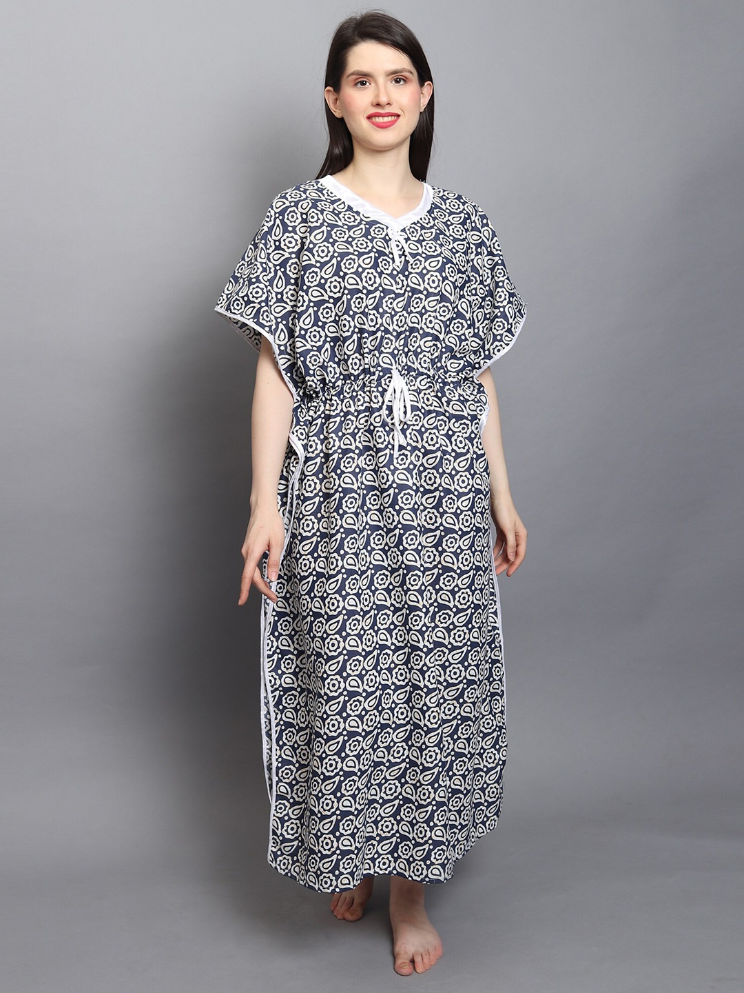 

Noty Floral Printed V-Neck Pure Cotton Kaftan Nightdress, Blue