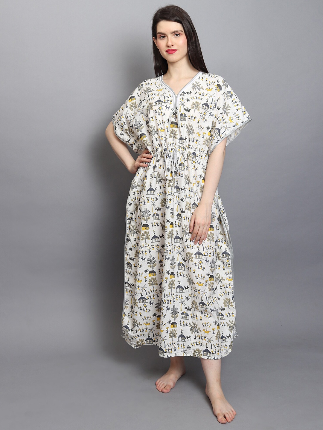 

Noty Conversational Printed V-Neck Kaftan Nightdress, White