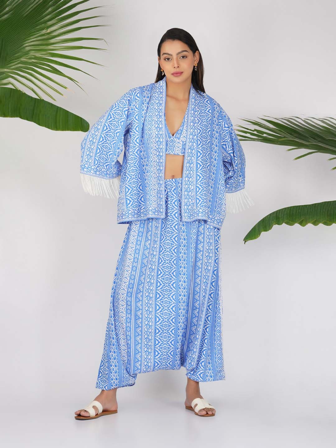 

KOVET Printed Pure Cotton Top With Palazzos & Shrug, Blue