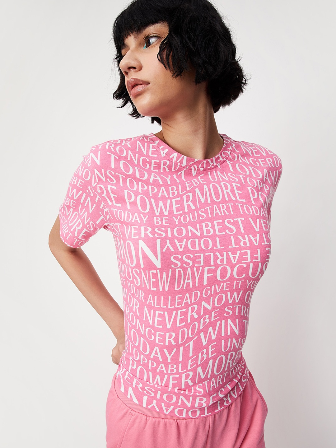 

max Typography Printed Round Neck T-shirt, Pink