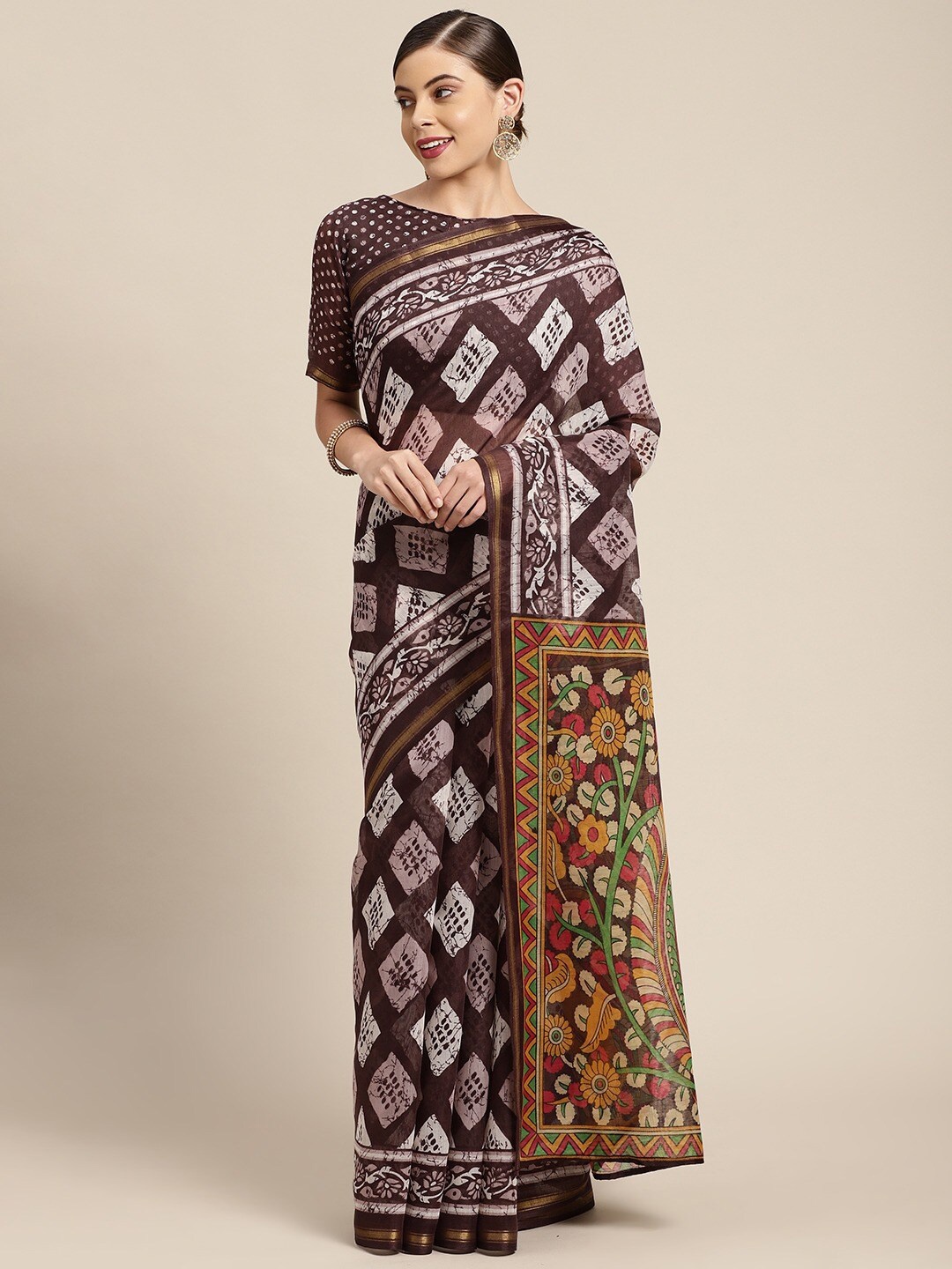 

Shaily Coffee Brown & White Geometric Block Printed Zari Saree