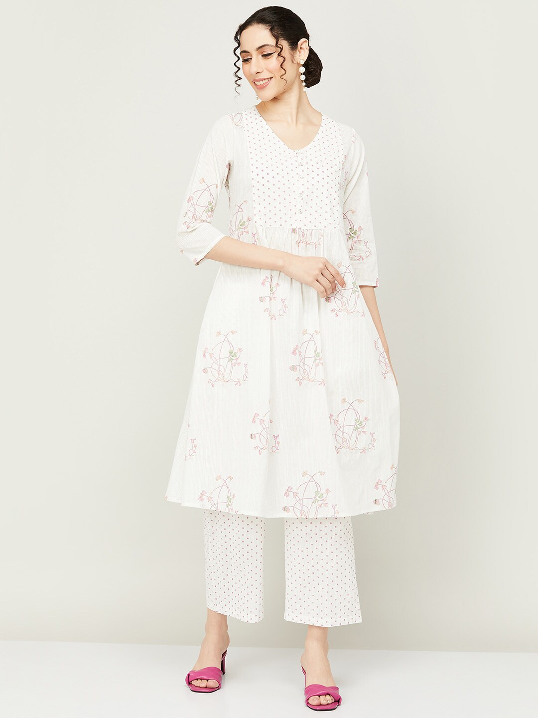 

Melange by Lifestyle Floral Printed Pure Cotton Kurta With Palazzos, Off white
