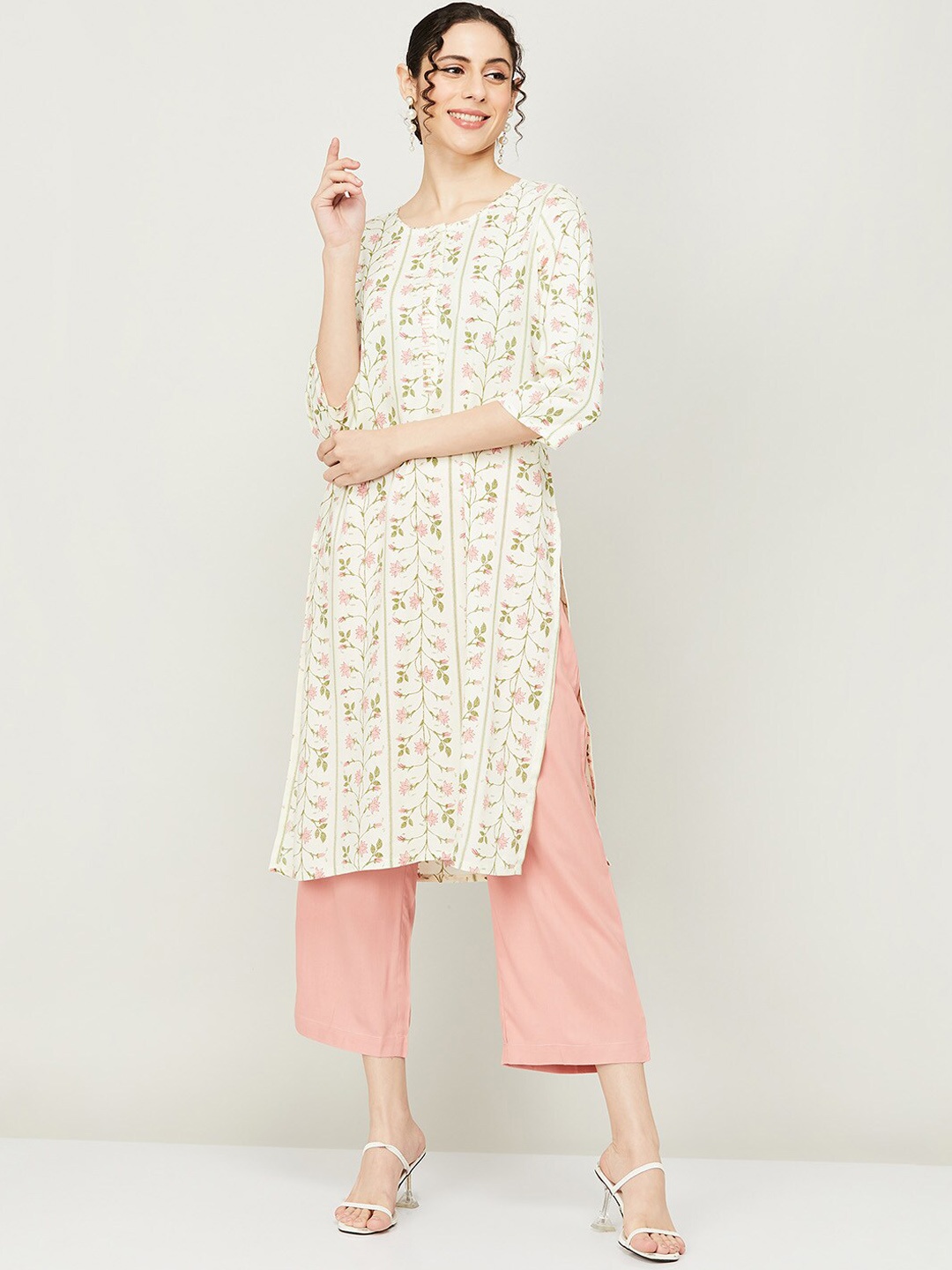 

Melange by Lifestyle Floral Printed Kurta With Palazzos, Cream