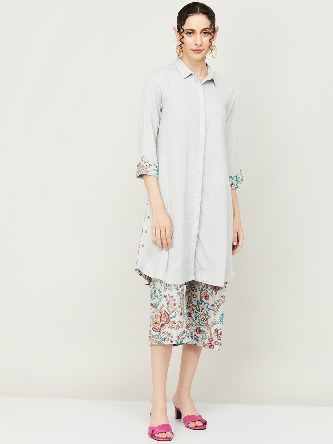 

Melange by Lifestyle Printed Shirt Collar Pure Cotton Kurta With Cropped Trousers, Blue