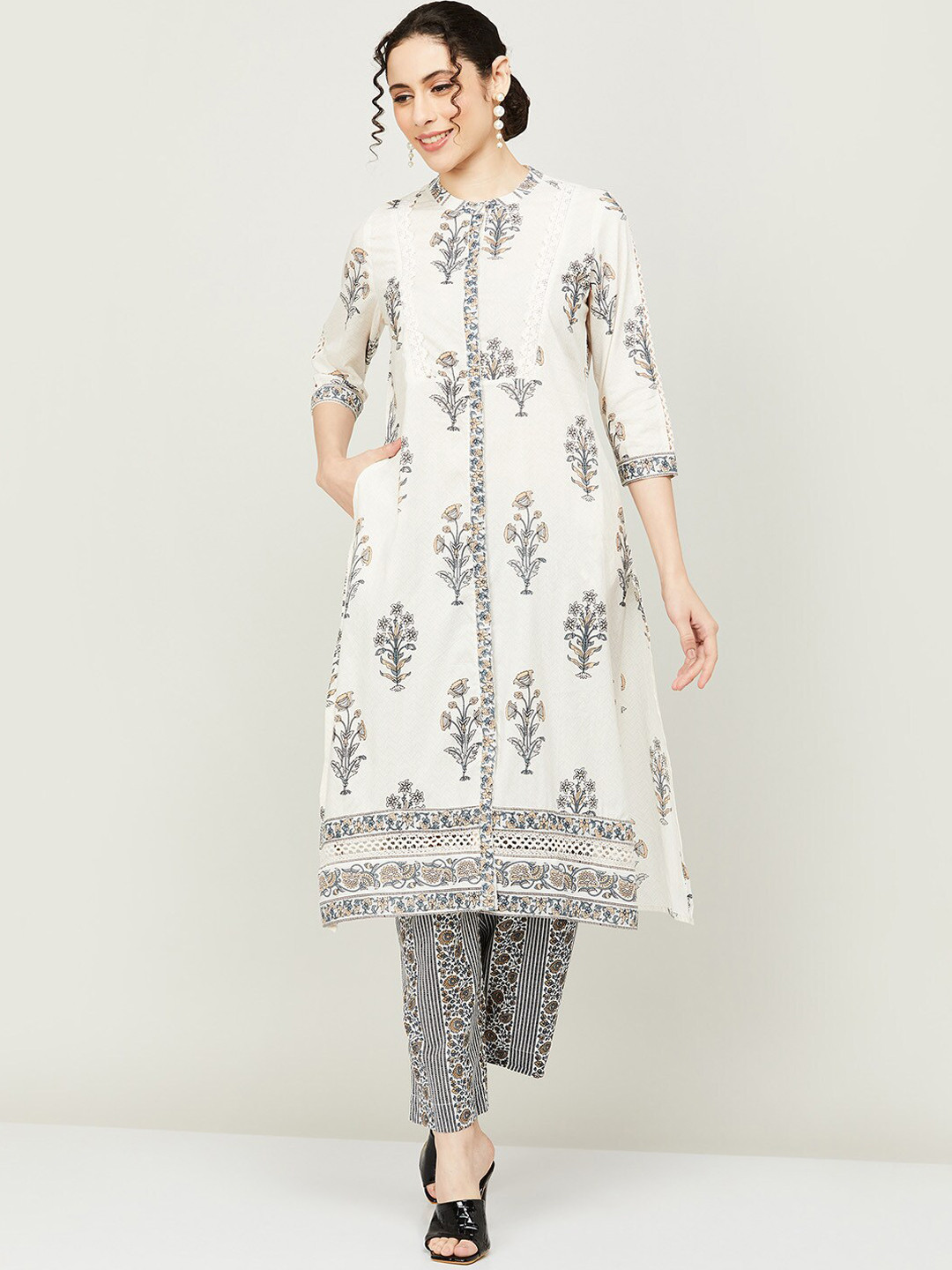 

Melange by Lifestyle Floral Printed Pure Cotton Kurta With Palazzos, Off white