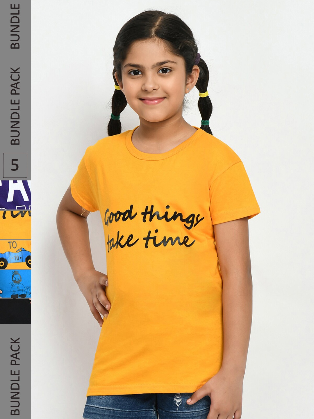 

IndiWeaves Girls Pack of 3 Printed Pure Cotton T-shirts, Yellow