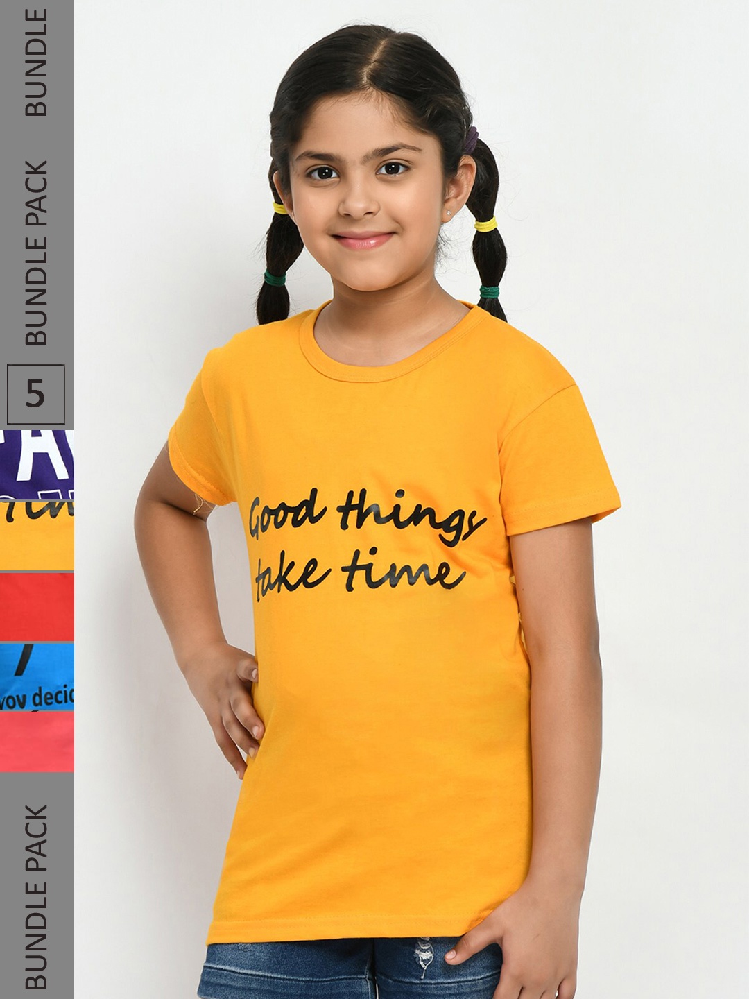 

IndiWeaves Girls Pack of 3 Printed Pure Cotton T-shirts, Yellow